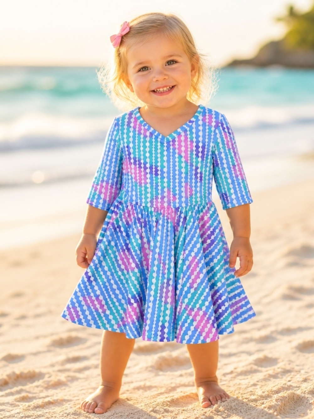 Dotdotsmile Baby Girls V-Neck Twirl Dress in Blue & Purple Stripe Print Sz 3/4